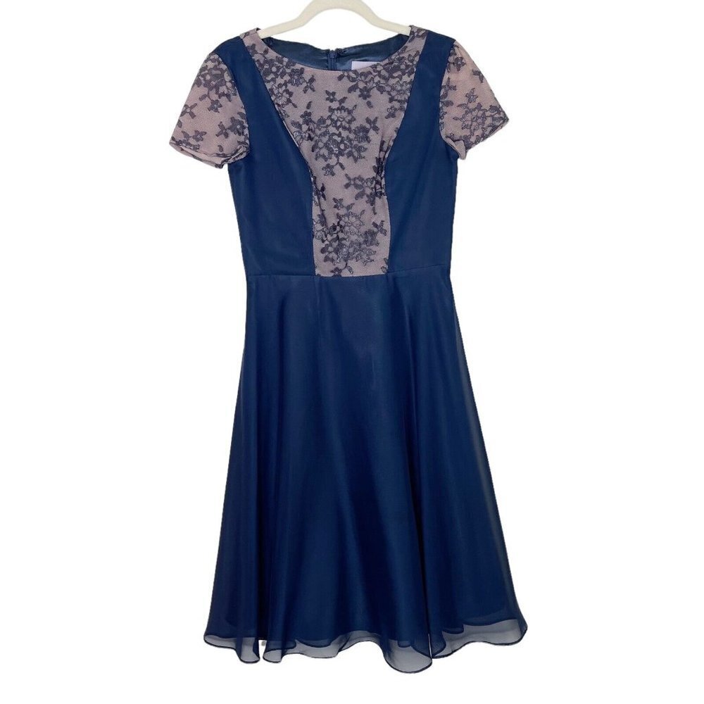 JS Collections Navy Lace Cocktail Dress Womens Size 4 Short Sleeve Party Evening